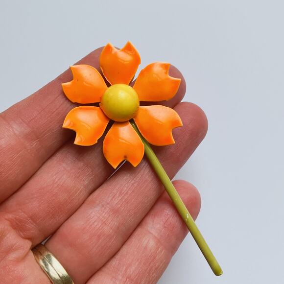 VTG 1960s Brooch Enamel Flower Orange Chartreuse Long Stem Mod Jewelry - Picture 4 of 10